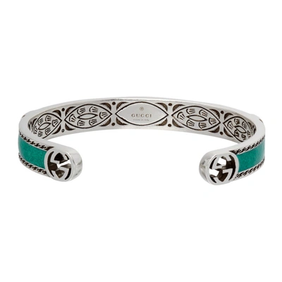 Shop Gucci Green Interlocking G Cuff Bracelet In Silver/turq