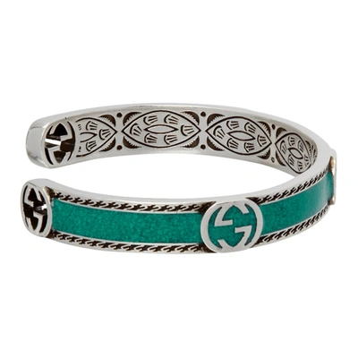 Shop Gucci Green Interlocking G Cuff Bracelet In Silver/turq