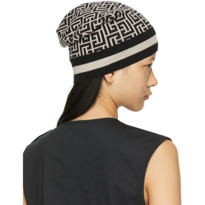 Shop Balmain Black Merino Monogram Beanie In Gfe Ivoire/noir