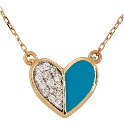 Shop Adina Reyter Gold & Blue Ceramic Pavé Folded Heart Necklace In Gold/turquoise