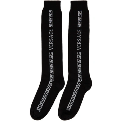 Shop Versace Black & White Greca Knee-high Socks In 2b020 Black White