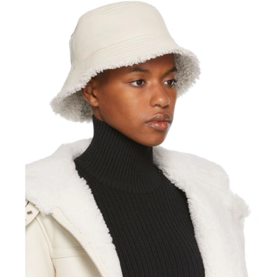 Shop Yves Salomon Reversible Off-white Shearling & Leather Bucket Hat In A1015 Chalk