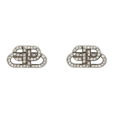 Shop Balenciaga Silver Xs Bb Stud Earrings In 7155 Silver/crystal