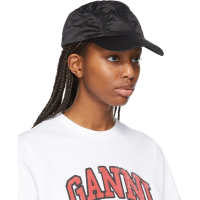 Shop Ganni Black Satin Ruched Cap In 099 Black