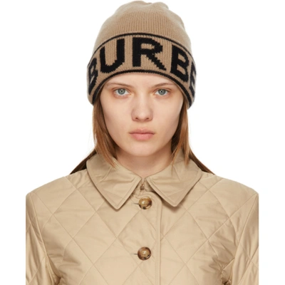 Shop Burberry Beige Cashmere Intarsia Logo Beanie In Archive Bei