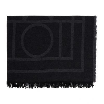 Shop Totême Black Wool & Cashmere Monogram Scarf In 395 Dark Grey Monogr