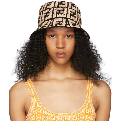 Shop Fendi Beige & Black Raffia 'forever ' Bucket Hat In F1e14 Beige