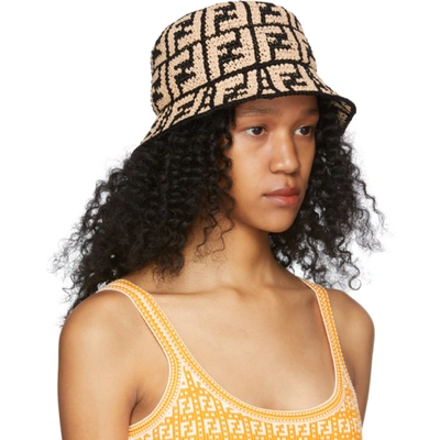 Shop Fendi Beige & Black Raffia 'forever ' Bucket Hat In F1e14 Beige