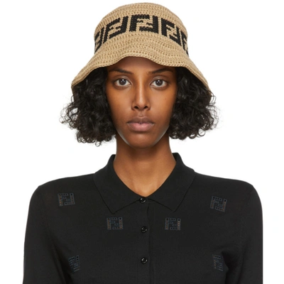 Shop Fendi Brown Crochet Ff Beach Hat In F0qb9 Beige