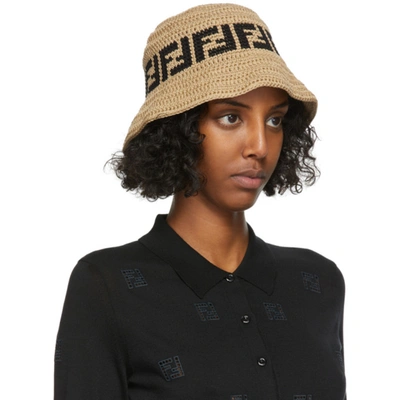 Shop Fendi Brown Crochet Ff Beach Hat In F0qb9 Beige