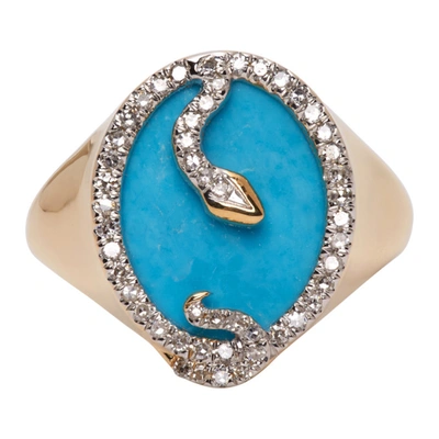 Shop Adina Reyter Gold & Turquoise Oval Snake Signet Ring In Turquoise/diamond