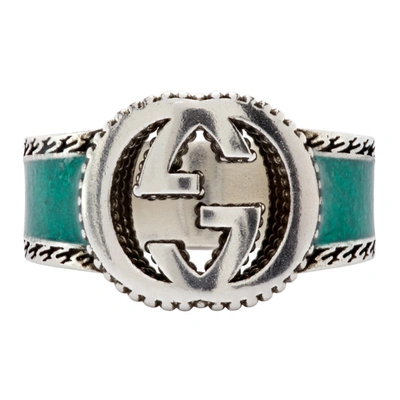 Shop Gucci Green Interlocking G Enamel Signet Ring In Silver/turq