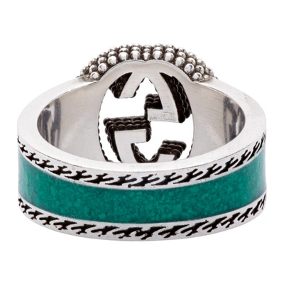 Shop Gucci Green Interlocking G Enamel Signet Ring In Silver/turq