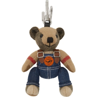 Shop Burberry Beige Thomas Bear In Denim Keychain In Archive Beige