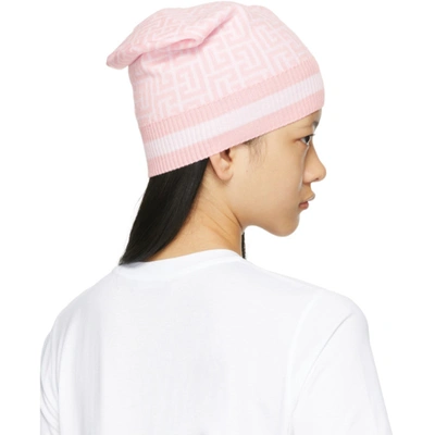 Shop Balmain Pink Merino Monogram Beanie In Ggf Blanc/rose Pale