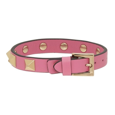 Shop Valentino Pink Leather Rockstud Bracelet In M38 Dawn Pink