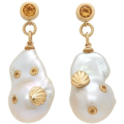 Shop Yvonne Léon White & Gold Bo Pearls Seashell Histoire Earrings In Gold/ Pearl