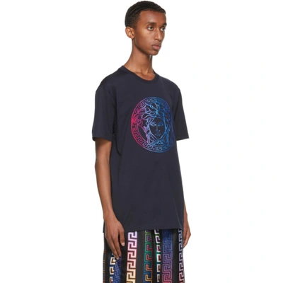 Shop Versace Navy & Multicolor Embroidered Medusa T-shirt In 6u370 Blue