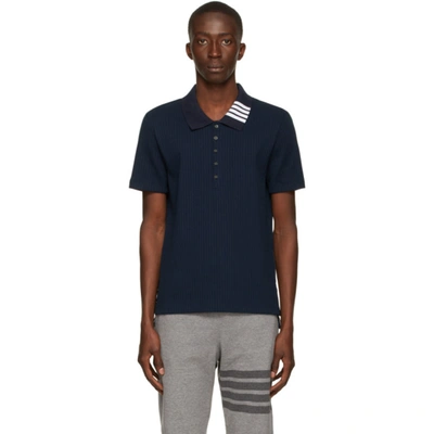 Shop Thom Browne Navy Ribbed Polo In 415 Navy