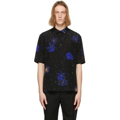 Shop Saint Laurent Black Silk Confetti Hibiscus Short Sleeve Shirt In 1093 Blkblu