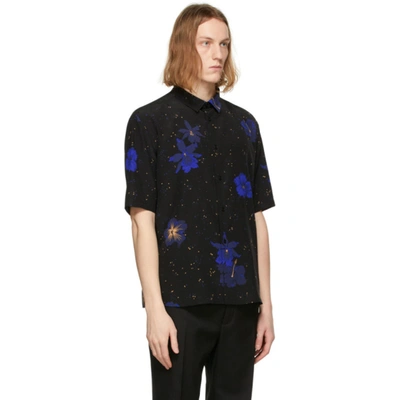 Shop Saint Laurent Black Silk Confetti Hibiscus Short Sleeve Shirt In 1093 Blkblu