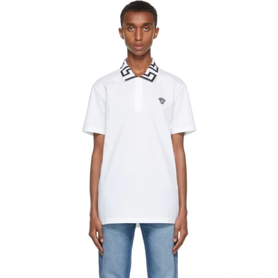 Shop Versace White & Black Greca Collar Polo In A2048 White