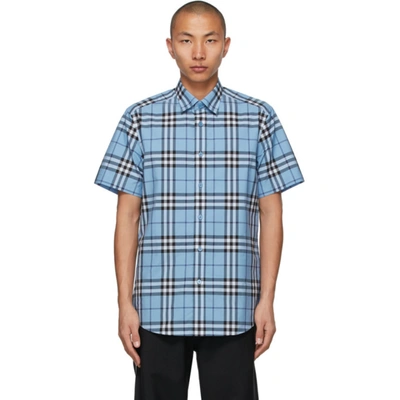 Shop Burberry Blue Poplin Check Short Sleeve Shirt In Vivid Cobalt Ip Chk