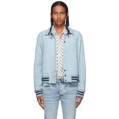 Shop Amiri Blue Bones Varsity Bomber Jacket In Ice Blue