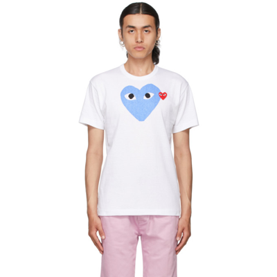 Shop Comme Des Garçons Play White & Blue Big Heart T-shirt