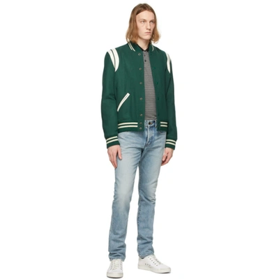 Shop Saint Laurent Green Wool Teddy Bomber Jacket In 4420 Peafon