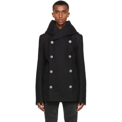 Shop Balmain Black Wool Hooded Pea Coat In 0pa Noir