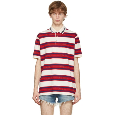 Shop Gucci Off-white Striped Logo Polo In 9209 Ivory/live Red/