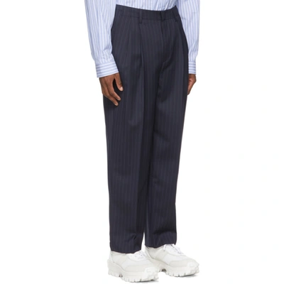 Shop Juun.j Navy & White Wool Stripe Wide-fit Trousers In R Navy