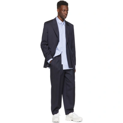 Shop Juun.j Navy & White Wool Stripe Wide-fit Trousers In R Navy