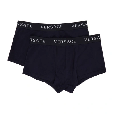 Shop Versace Two-pack Navy Logo Band Boxer Briefs In A98f Dkblue