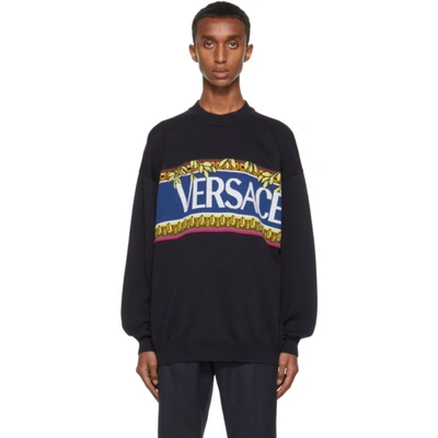 Shop Versace Navy Knit Logo Graphic Sweater In 1u610 Navy
