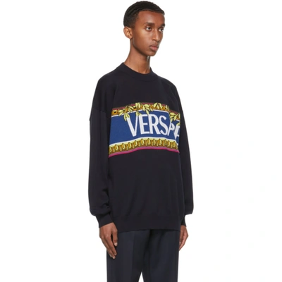Shop Versace Navy Knit Logo Graphic Sweater In 1u610 Navy