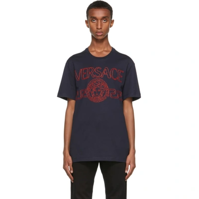 Shop Versace Navy Embroidered Medusa Logo T-shirt In 1u610 Blue