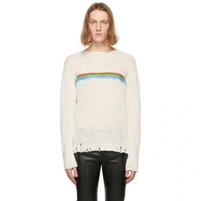 Shop Saint Laurent White Linen Destroyed Stripe Sweater In 9568 Natblu