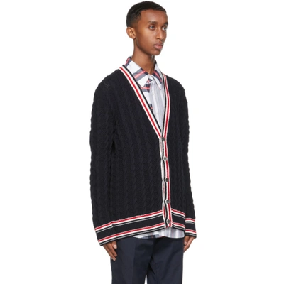 Shop Thom Browne Navy Heritage Cable Rwb Stripe Relaxed Fit Cardigan In 415 Navy