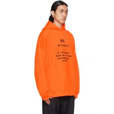 Shop Balenciaga Orange 'hi My Name Is' Hoodie In 7513 Fluo Orange/bla