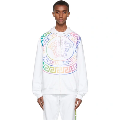 Shop Versace White & Multicolor Medusa Zip-up Hoodie In 2w070 Whtbl
