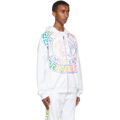 Shop Versace White & Multicolor Medusa Zip-up Hoodie In 2w070 Whtbl