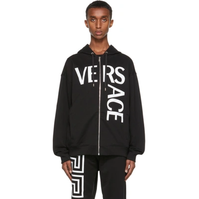 Shop Versace Black Logo Zip-up Hoodie In 1b000 Black