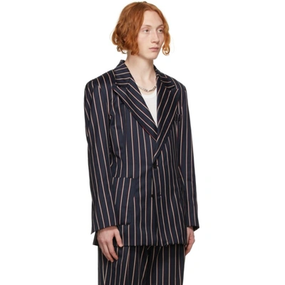 Shop Enfants Riches Deprimes Navy Pinstripe Peak Lapel Blazer In Navy / Red