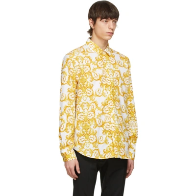 Shop Versace Jeans Couture White & Gold Logo Baroque Print Shirt In E003 White