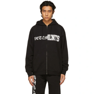 Shop Vetements Black Vertical Cut-up Logo Zip-up Hoodie In Black 14619692