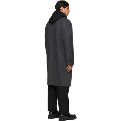 Shop Juunj Grey Wool Detachable Hood Long Coat