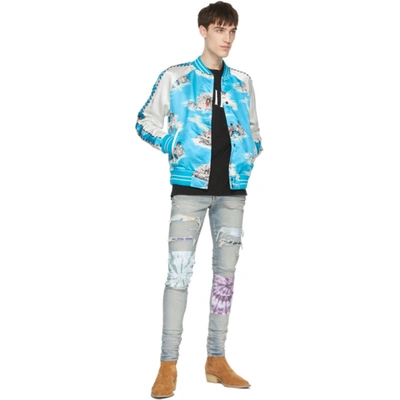 Shop Amiri Blue & White Silk Graphic Bomber Jacket In Cyan