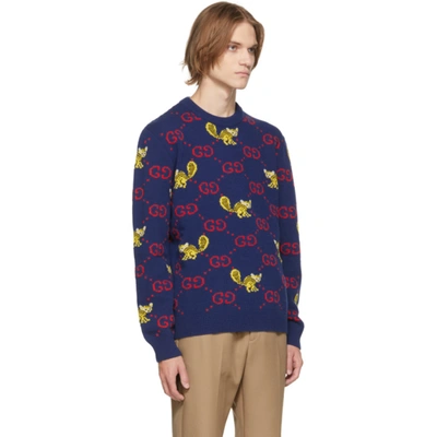 Gucci Gg Wool Sweater With Animals By Freya Hartas In Blue | ModeSens